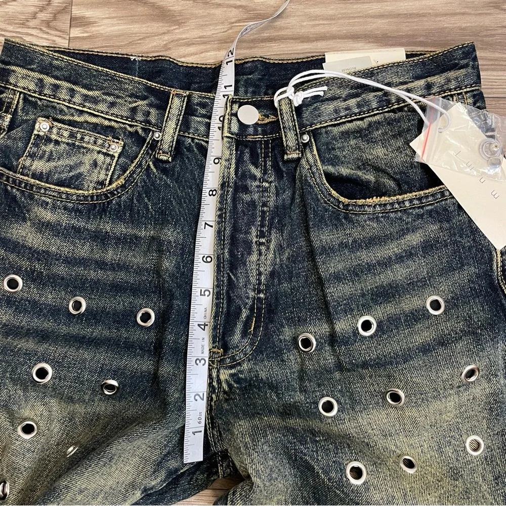 mnml Metal Eyelet Grommet Yellow Washed Distressed Denim Flare Jeans